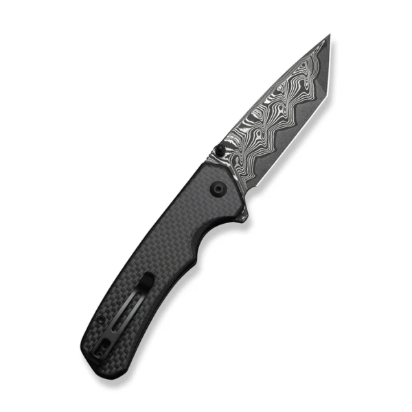 Button Lock Brazen Flipper & Thumb Stud Knife Twill Carbon Fiber Overlay On Black G10 Handle (3.46"" Damascus Blade)