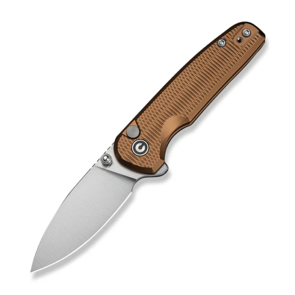 Mini Shakan Flipper & Thumb Stud & Button Lock Knife Ripple Patterned Coyote Brown Aluminum Handle (2.48"" Satin Finished Nitro-V Blade)