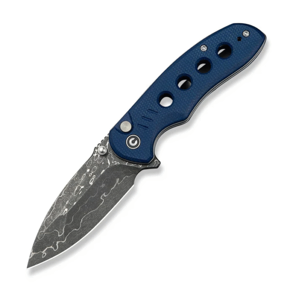 CIVIVI Triptych Flipper & Thumb Stud & Button Lock Knife Blue Canvas Micarta Handle (2.97"" Damascus Blade)