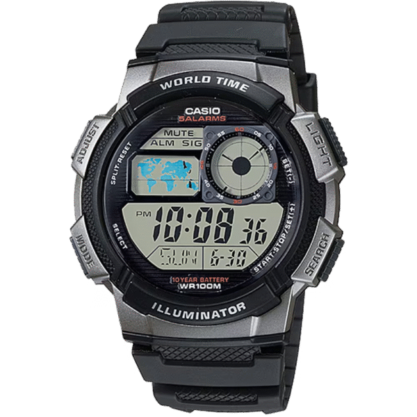 Classic World Time Digital Watch w/ 100 Meter Water-Resistance