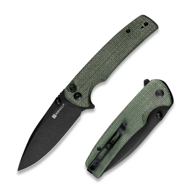 Sachse Flipper/Thumb Stud Folding Knife 3.47"" Black 9Cr18MoV Drop Point Plain Edge Blade, Green Micarta Handle