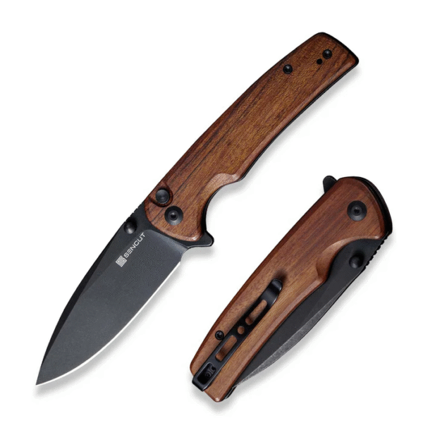 Sachse Flipper/Thumb Stud Folding Knife 3.47"" Black 9Cr18MoV Drop Point Plain Edge Blade, Guibourtia Wood Handle