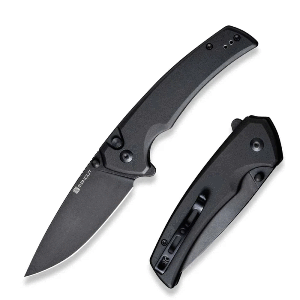 Serene Flipper/Thumb Stud Folding Knife 3.48"" Black D2 Drop Point Plain Edge Blade, Black Aluminum Handle