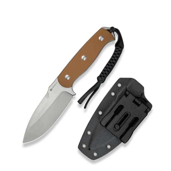 Toxodon Fixed Blade Knife 4.57"" Satin 9Cr18MoV Drop Point Plain Edge Blade, Brown G10 Handle & Kydex Sheath