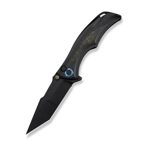 Tighe Down Flipper & Thumb Stud & Button Lock Knife Black Titanium Integral Handle With Black & Yellow Carbon Fiber Inlay (4"" Black Stonewashed Bohler M390 Blade, Tanto)